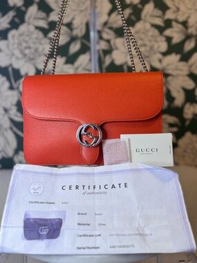 Gucci Authentic Red-Orange Leather Shoulder Bag with Silver Chain Like New w COA